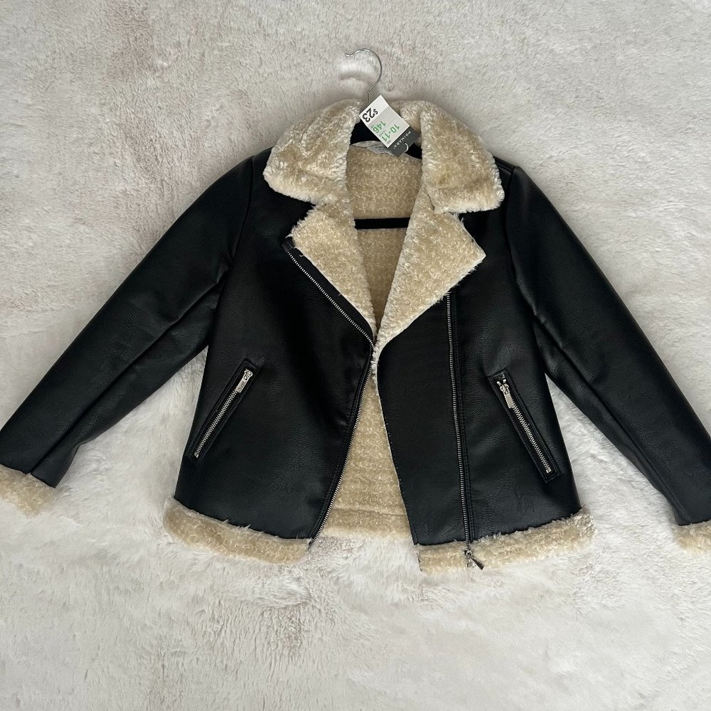 Primark Girls Jacket Sherpa Fleece Lined Faux Leather Zip Pockets Black NWT
